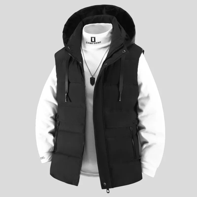 Outdoor Mens Trendy Detachable Hooded Vest Warm Down Cotton Vest Mens Winter Fashion Coat Workwear Vest Coat Thickened Waistcoat