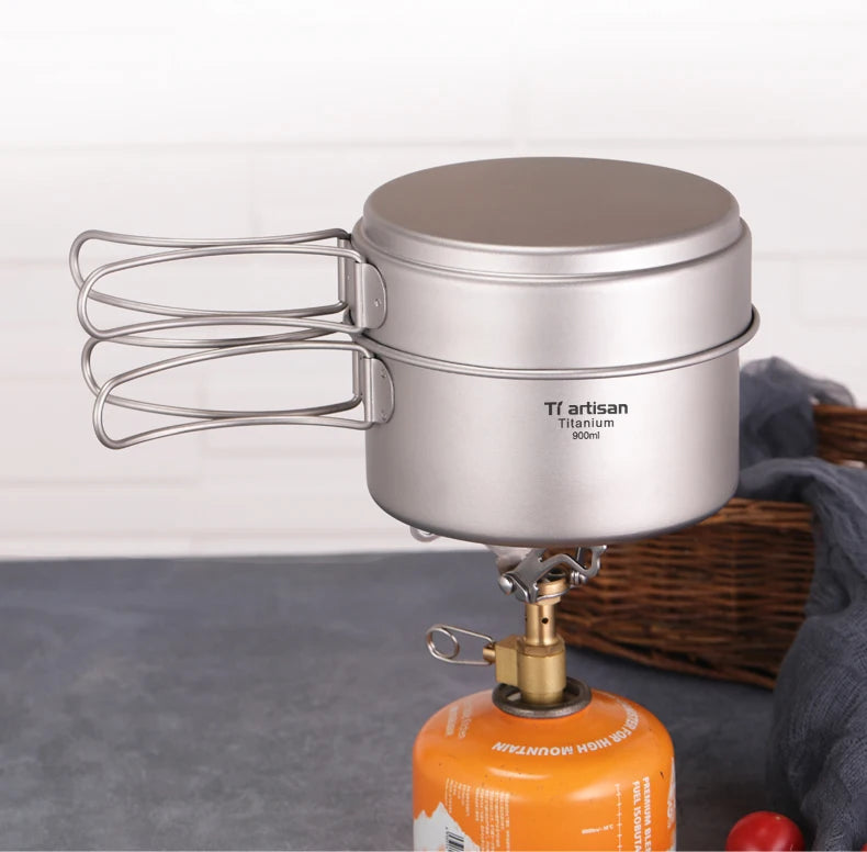 Tiartisan Titanium Folding Handle Camping Pot Frying Pan Set  Lightweight Portable Cookware Equipment For Outdoor Hiking Picnic