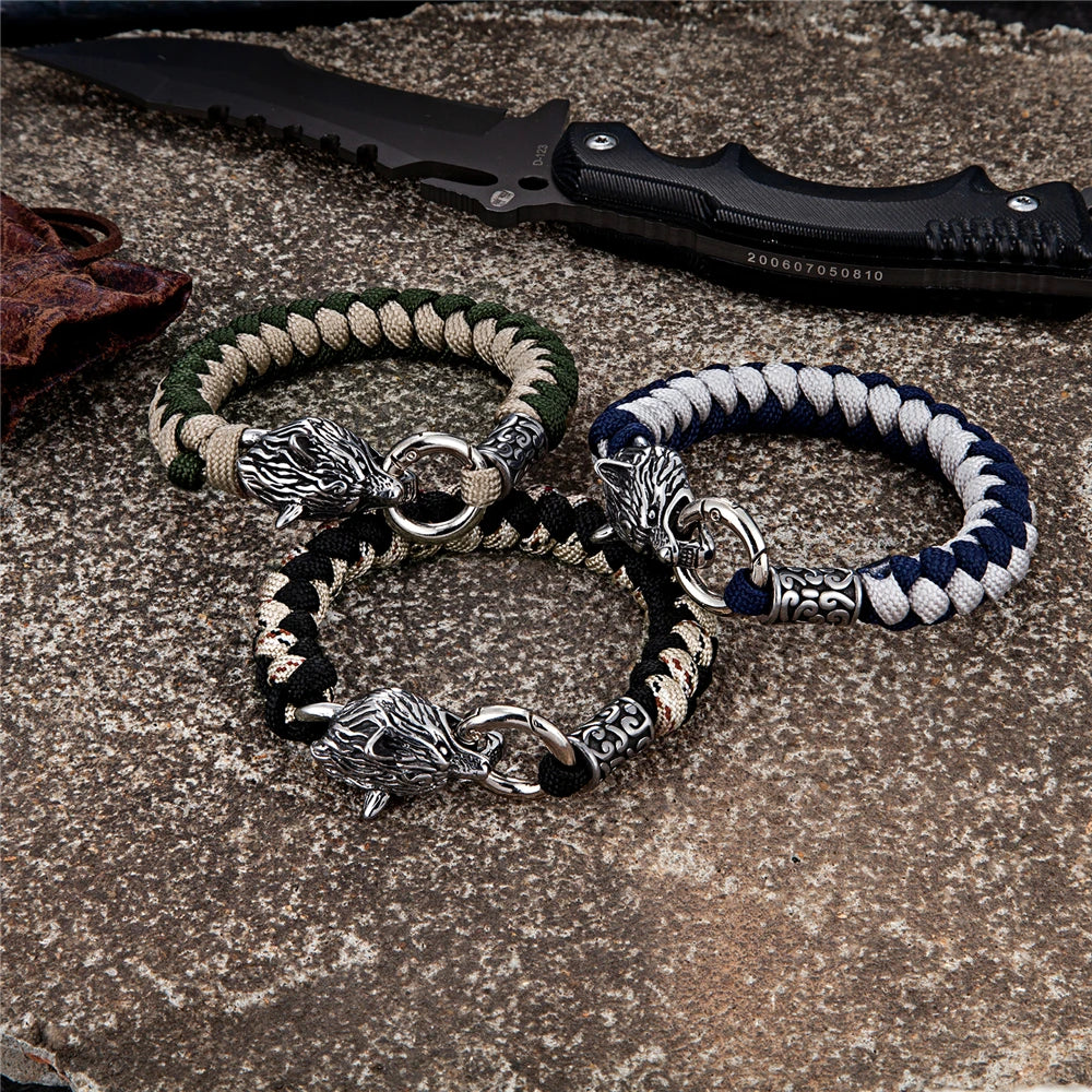 Retro Norse Odin's Wolf Survival Bracelets Men Viking Geri&Freki Stainless Steel Paracord Rope Bangles Handmade Outdoor Jewelry