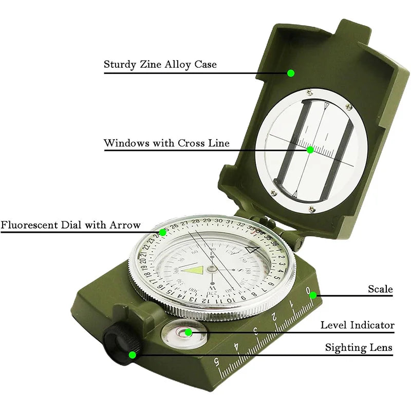 Outdoor Survival Compass High Precision Professional Metal Sight Compass Luminous for Outdoor Hiking Climbing Exploring Geology