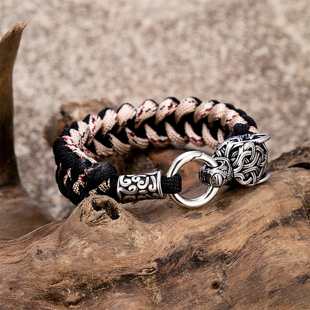 Punk Viking Wolf Head Metal Bangle Stainless Steel Norse Celtic Wolf Braided Paracord Rope Survival Bracelet Men Outdoor Jewelry