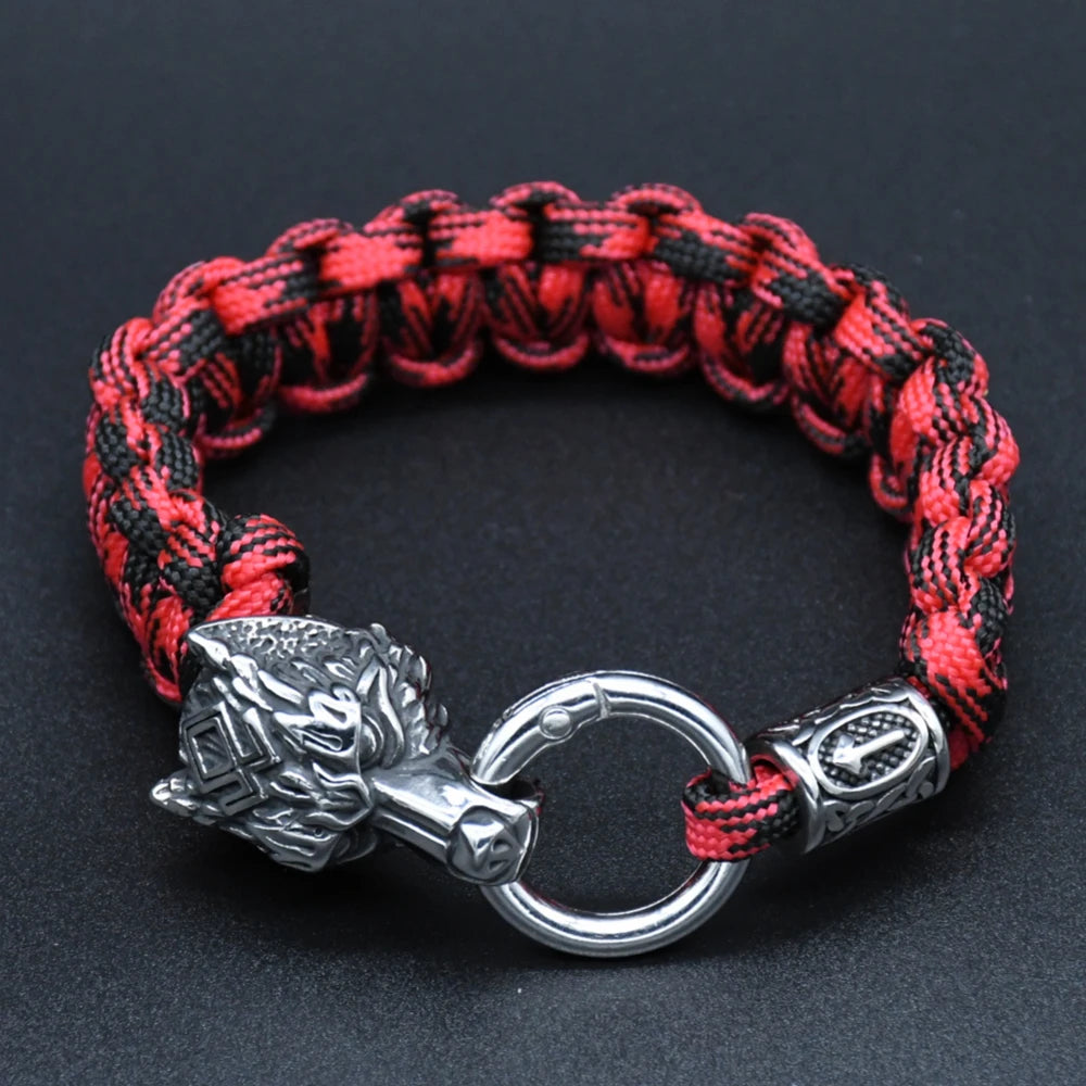Stainless Steel Wolf Heads Bracelets Men Norse Vikings Runic Beads Survival Paracord Rope Bangles