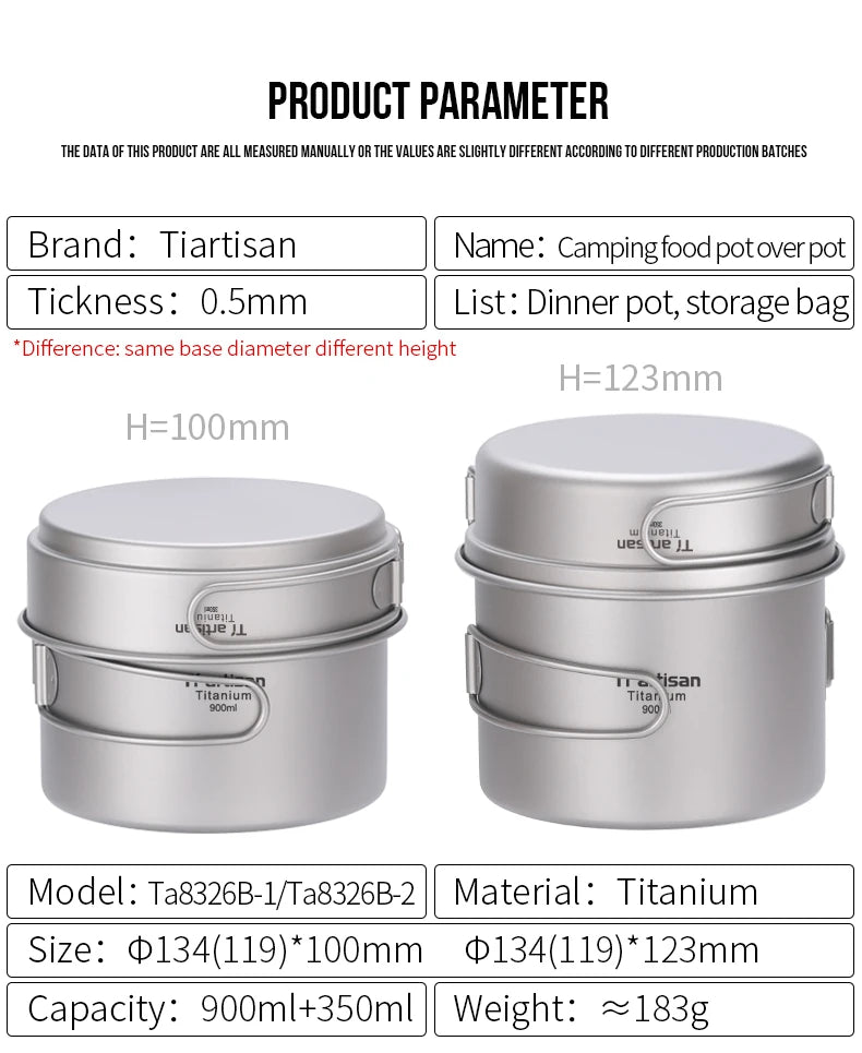 Tiartisan Titanium Folding Handle Camping Pot Frying Pan Set  Lightweight Portable Cookware Equipment For Outdoor Hiking Picnic