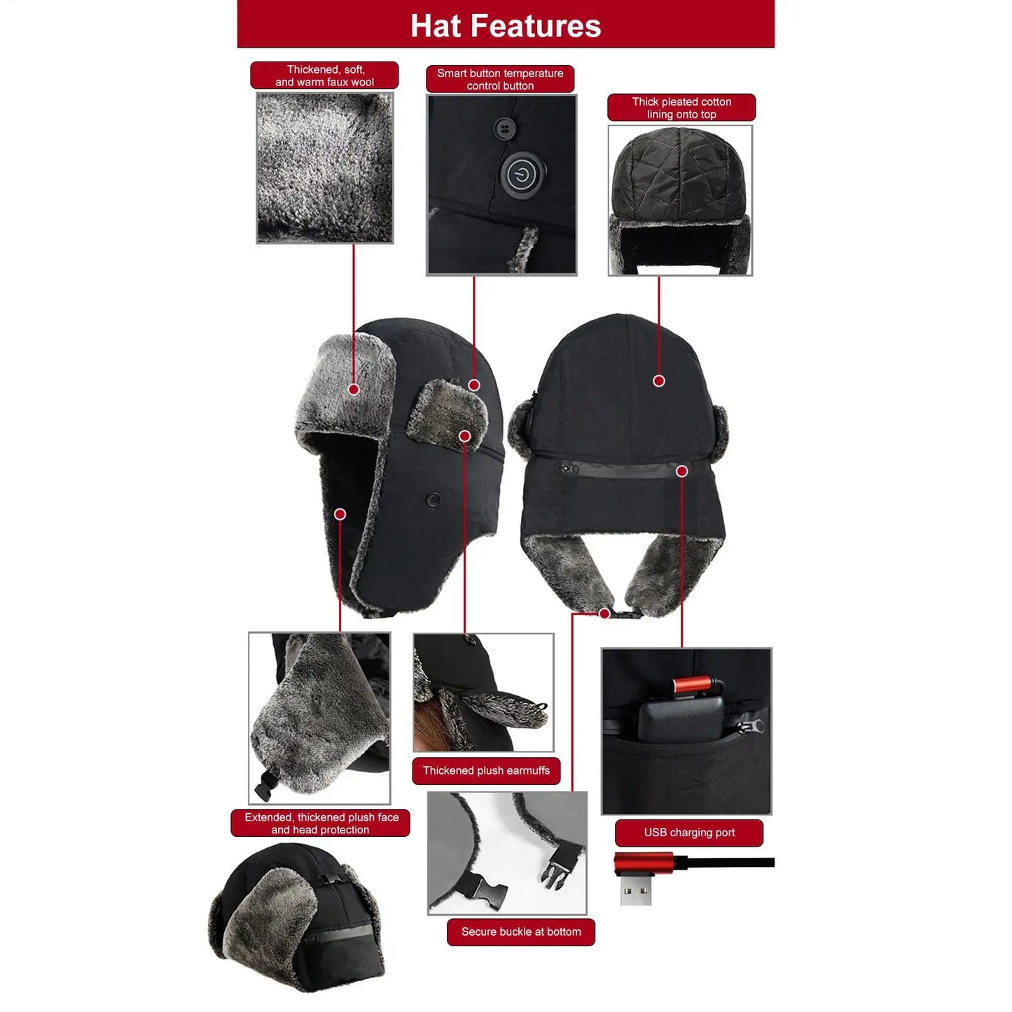 Winter ski Electric Heating Hat Men Woman USB Electric Warm Heated Hat Windproof Thermal Ear Protection Hat For Outdoor Camping