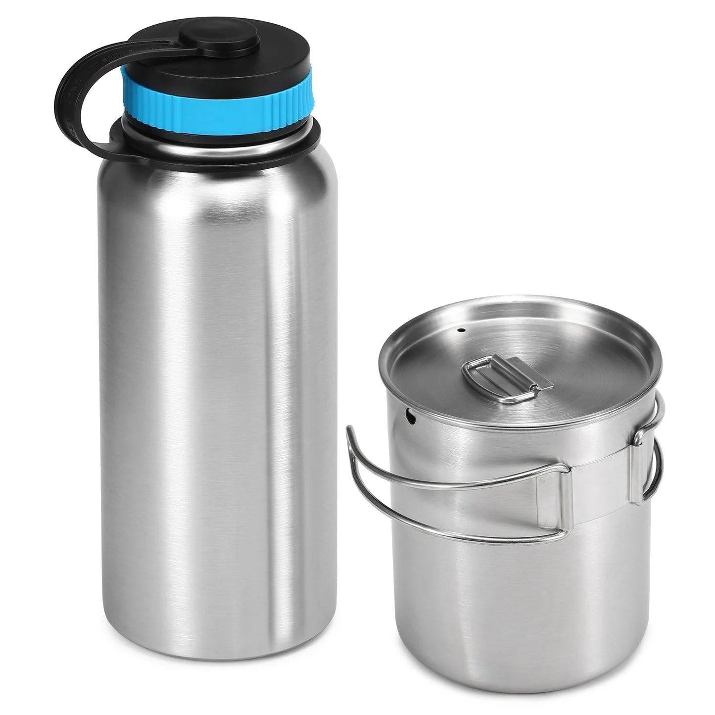 1000ml Stainless Steel Vacuum Insulated Water Bottle with 700ml Water Cup Hanging Pot for Survival Camping Hiking Backpacking