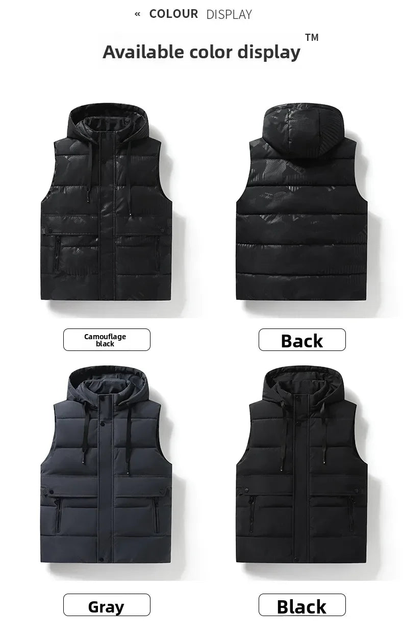 Outdoor Mens Trendy Detachable Hooded Vest Warm Down Cotton Vest Mens Winter Fashion Coat Workwear Vest Coat Thickened Waistcoat