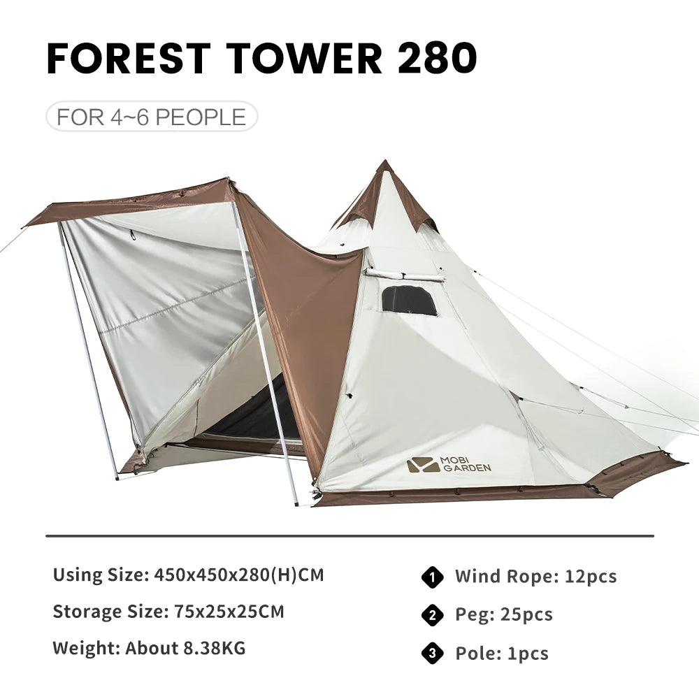 MOBI GARDEN Camping Pyramid Tent 4-6 Person Waterproof UV Protection Home Outdoor 3 Seasons Forest Tower 280