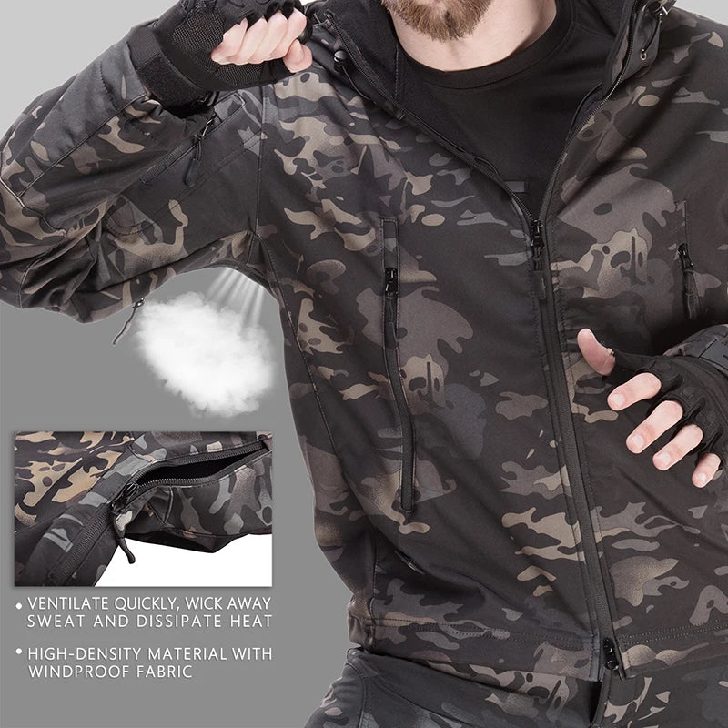 Tactical Waterproof Men Camo Set Soft Shell Fleece Winter Combat Suit Windbreak Warm Multi Pocket Outdoors Training Uniform