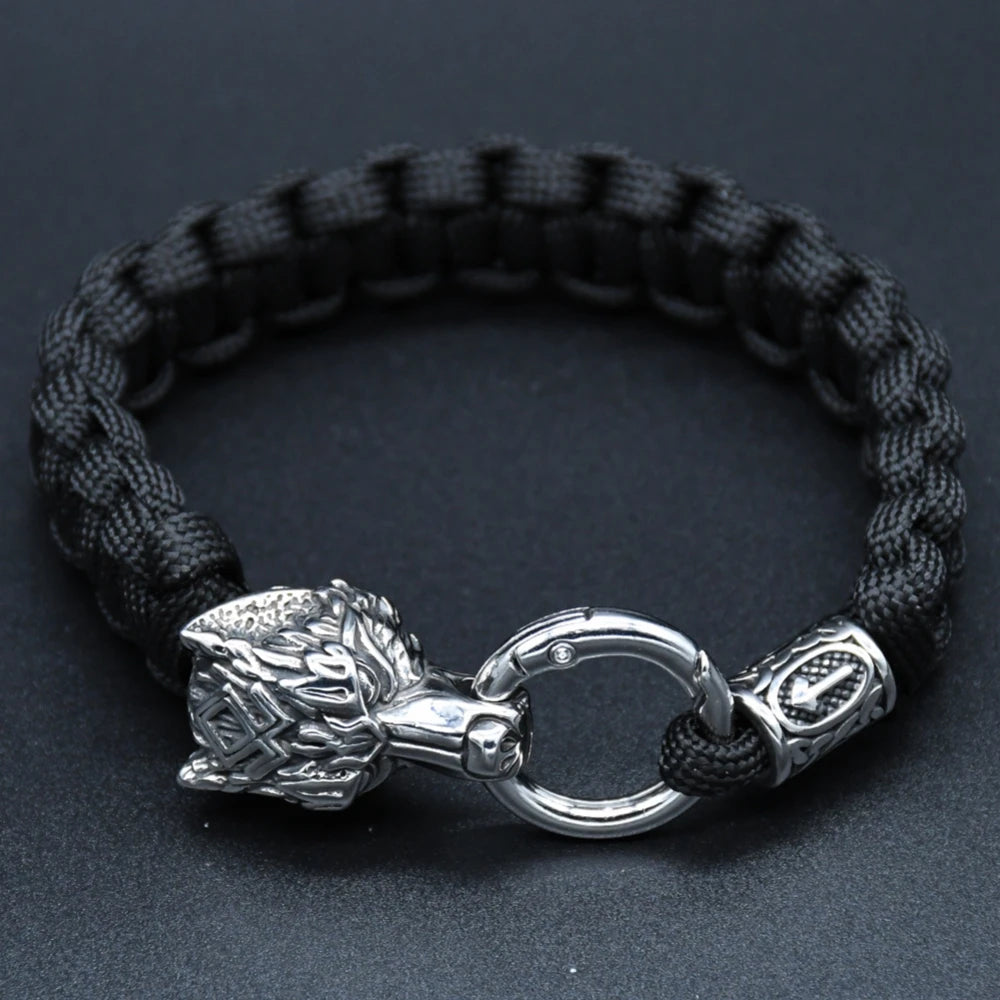 Stainless Steel Wolf Heads Bracelets Men Norse Vikings Runic Beads Survival Paracord Rope Bangles
