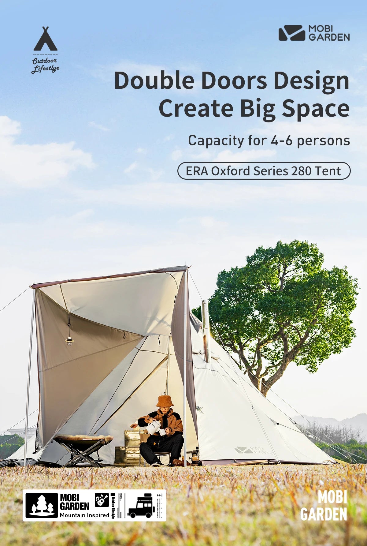 MOBI GARDEN Camping Pyramid Tent 4-6 Person Waterproof UV Protection Home Outdoor 3 Seasons Forest Tower 280