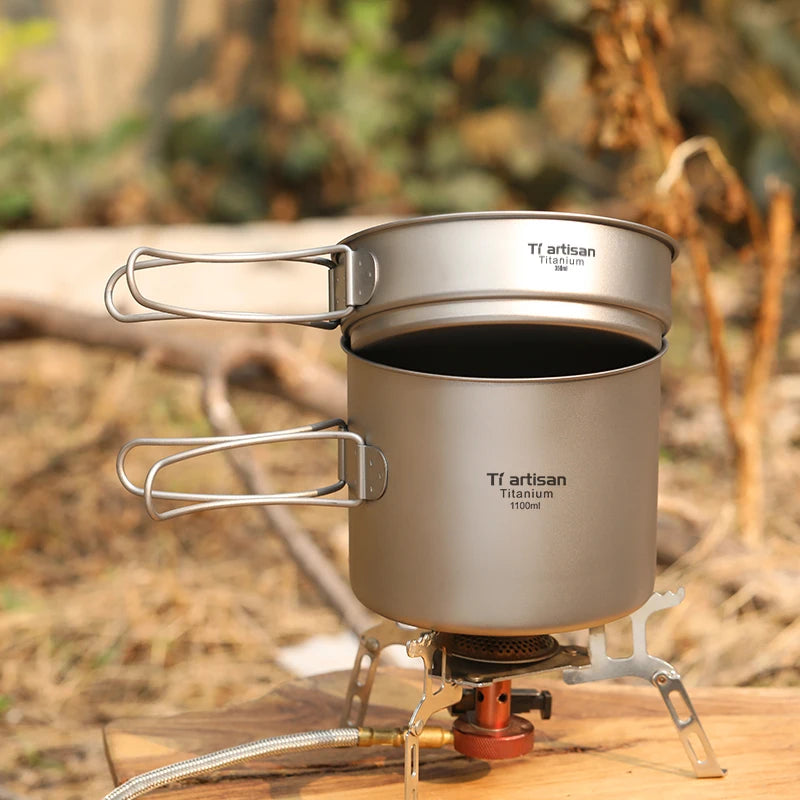 Tiartisan Titanium Folding Handle Camping Pot Frying Pan Set  Lightweight Portable Cookware Equipment For Outdoor Hiking Picnic