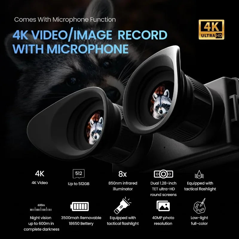 Night Vision Goggles with Head Mounted 4K Infrared Night Vision Binoculars Rechargeable Battery Tactical Z9157 for Hunting