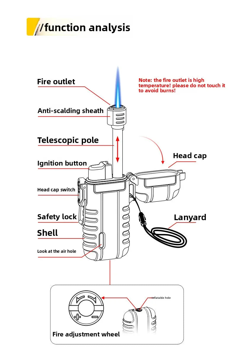Outdoor Camping Sealed Waterproof Lighter Lighter Lightweight Portable Retractable Ignition with Lanyard Inflatable Lighter