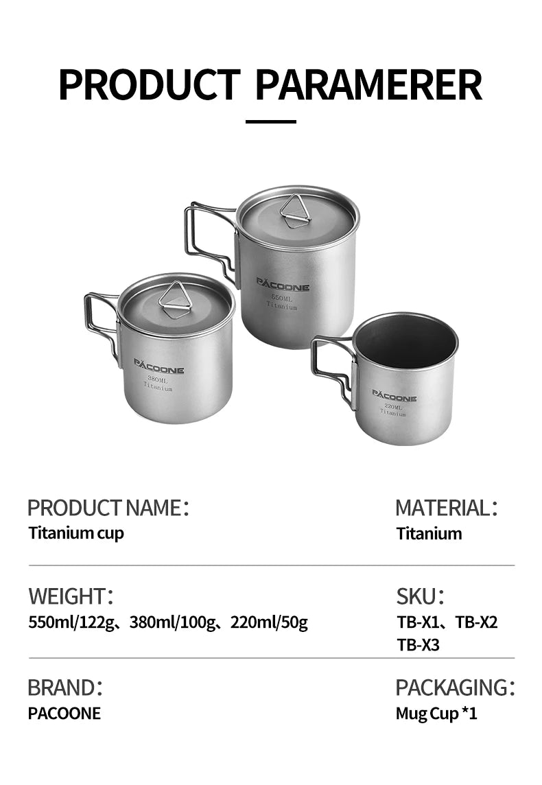 PACOONE Camping Mug Titanium Cup Tourist Tableware Picnic Utensils Outdoor Kitchen Equipment Travel Cooking Set Cookware Hiking