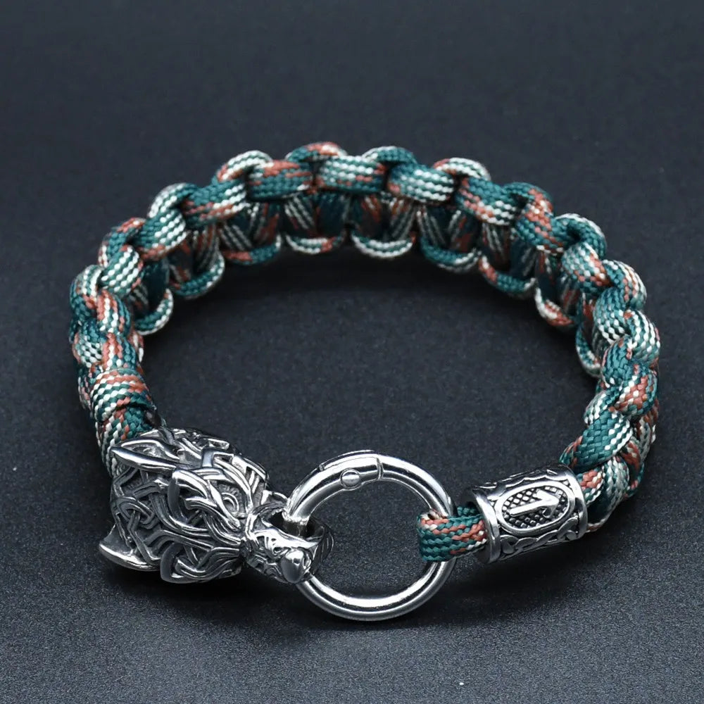 Stainless Steel Wolf Heads Bracelets Men Norse Vikings Runic Beads Survival Paracord Rope Bangles