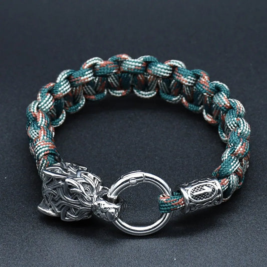 Stainless Steel Wolf Heads Bracelets Men Norse Vikings Runic Beads Survival Paracord Rope Bangles