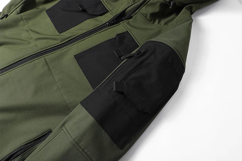 Waterproof Jacket Men Outdoor Softshell Hiking Jacket Hunting Coat Multi-Pockets Military Hooded Fleece Lined Rain Resistent