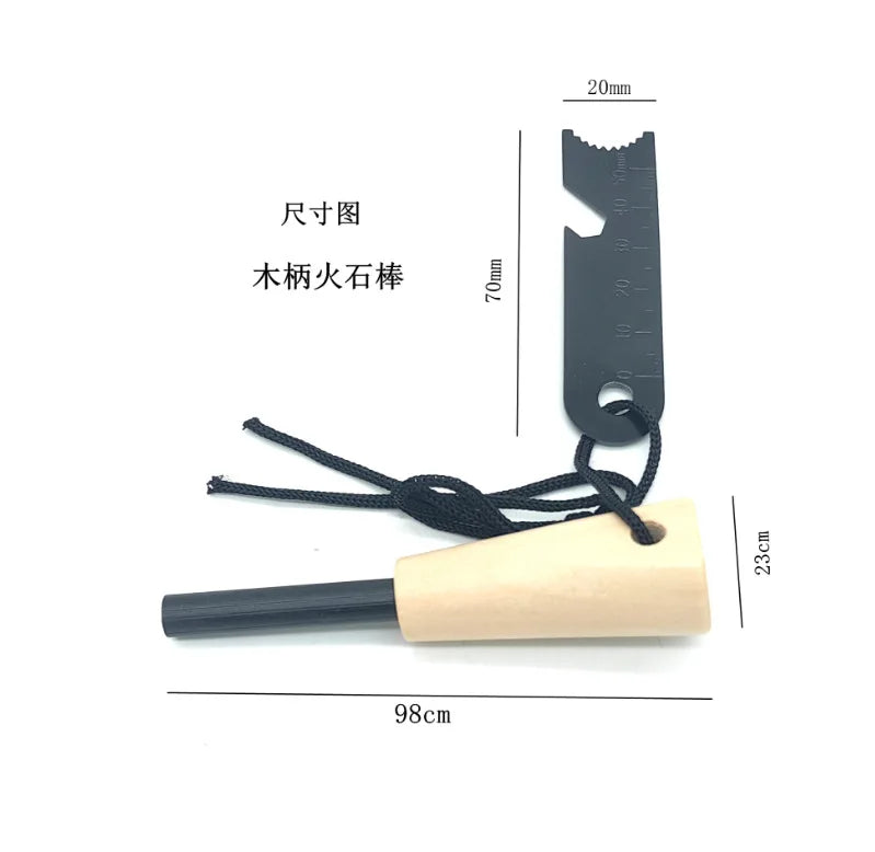 Outdoor Survival Flint Fire Starter with Wood Handle, Multi-Tool Magnesium Rod - Luminous Waterproof Camping Fire Stick
