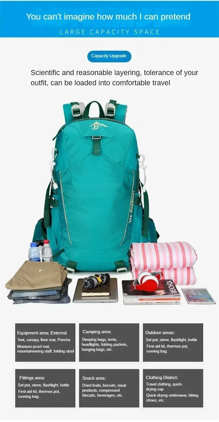 40L outdoor hiking camping backpack outdoor waterproof lightweight mountaineering bag cycling backpack with waterproof cover