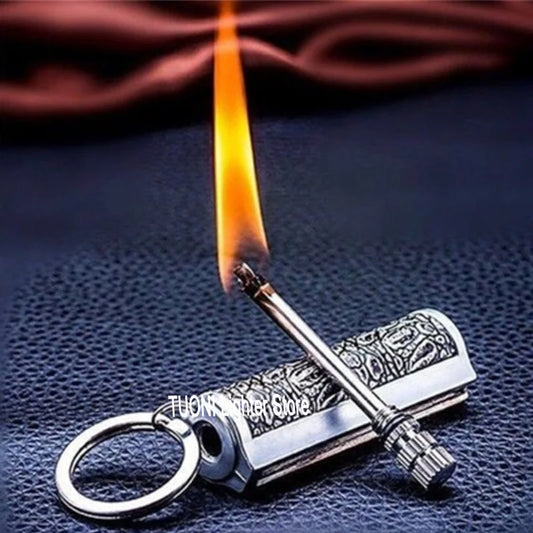 Flint Fire Starter Keychain - Metal Matchstick Lighter with Permanent Open Flame, No Oil Needed, Portable Keychain for Outdoor