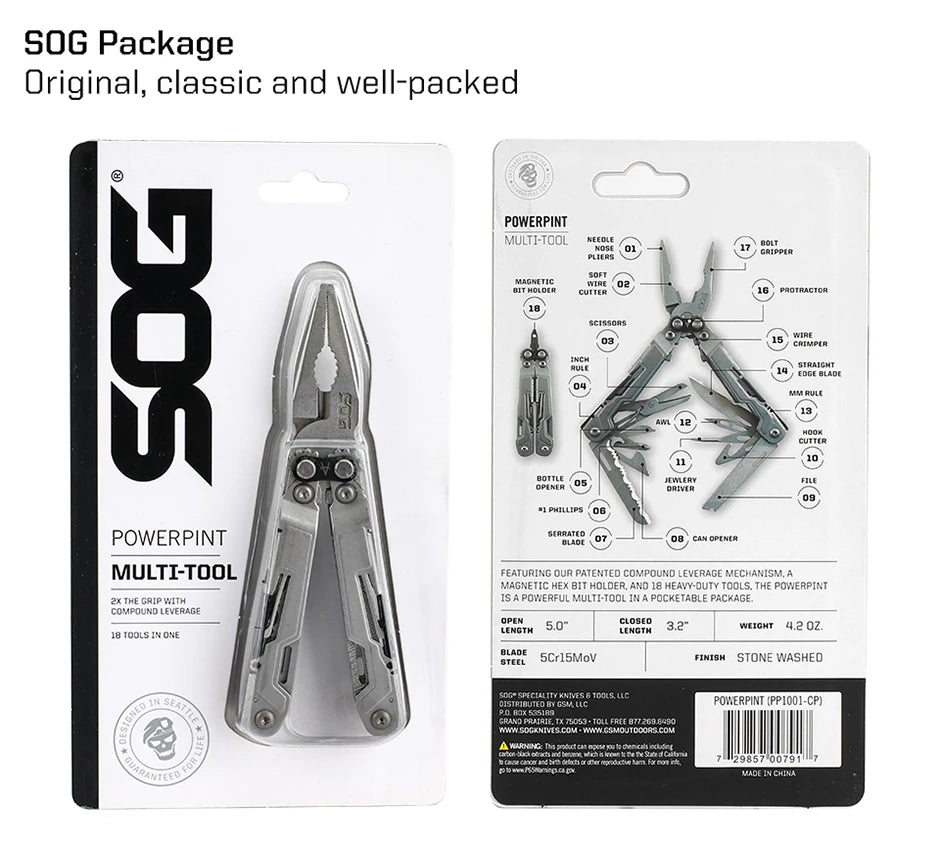 SOG PowerPint 18-in-1 Tactical Multi-Tool with Folding Pliers & Knife - Compact EDC Gear for Outdoor Camping, Survival & Hiking