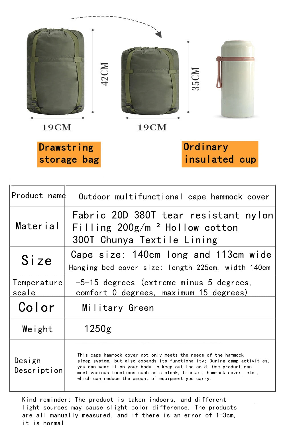 Portable Multifunctional Winter Warm Sleeping Bag Hammock Outdoor Camping Cotton Underquilt Poncho Warm Hammocks Swing Cover