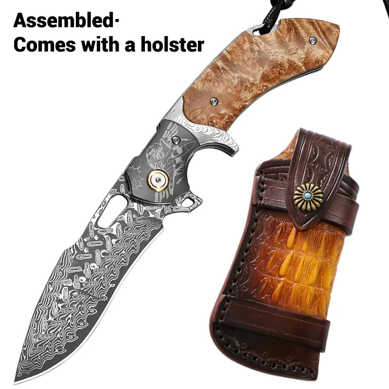 Handmade Damascus Steel Folding Pocket Knife, Men's EDC Pocket Knife with Sheath, Camping Hunting Outdoor Survival Knife