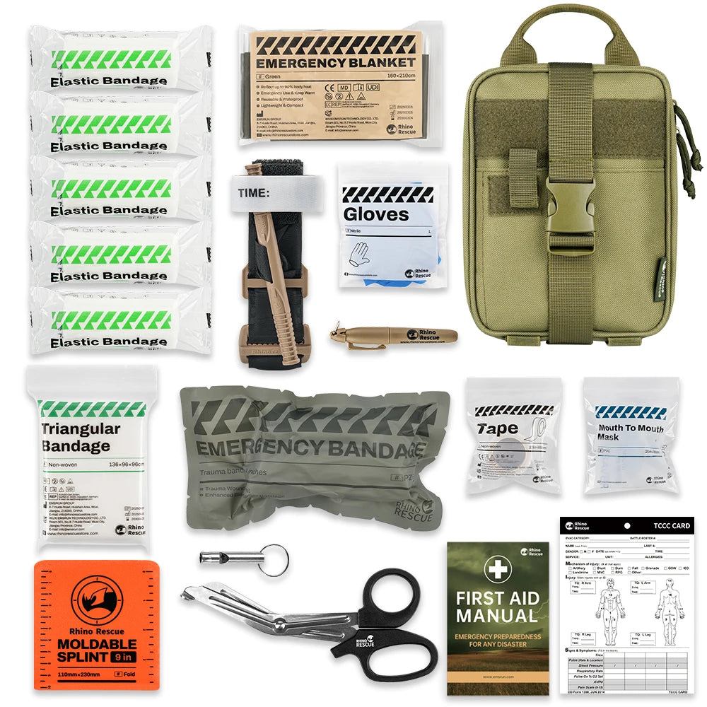 Rhino First Aid Survival Kit IFAK Pouch Supplied Camping Kit with 20 EMT Items For Emergency Outdoors