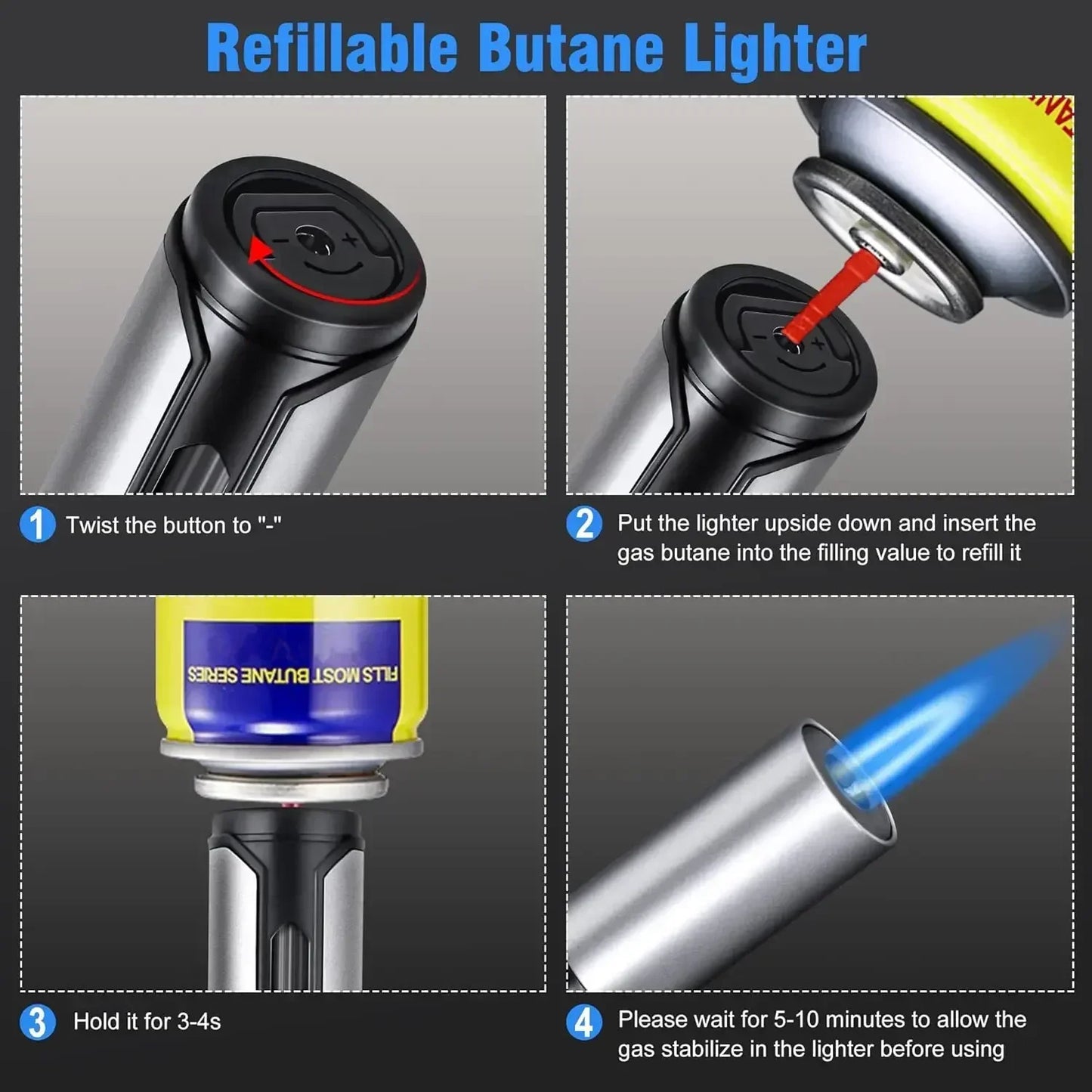 4PC/1PC Honest Metal Windproof Torch Gas Lighter,  Refillable Pen Jet Flame Igniter for Kitchen BBQ Candle Camping Men's Gadget