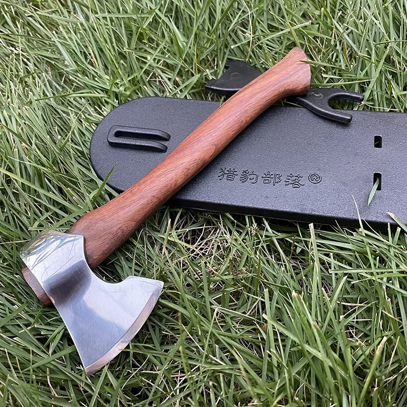 16cm Sandalwood Handle Felling Axe Stainless Steel Sharp Blade Fixed Blade Knife Outdoor Camping Survival Tool With Knife Holder