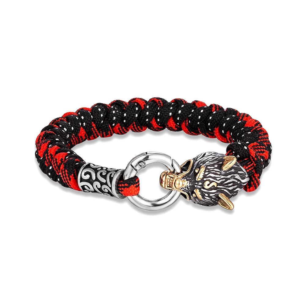 Retro Norse Odin's Wolf Survival Bracelets Men Viking Geri&Freki Stainless Steel Paracord Rope Bangles Handmade Outdoor Jewelry