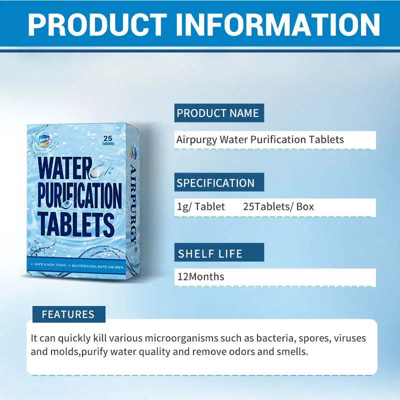 1 Box Water Purification Tablets, 25 Tablets Per Box Individual Packaged, Suitable for Outdoor Water Flow River Cleaning Purify