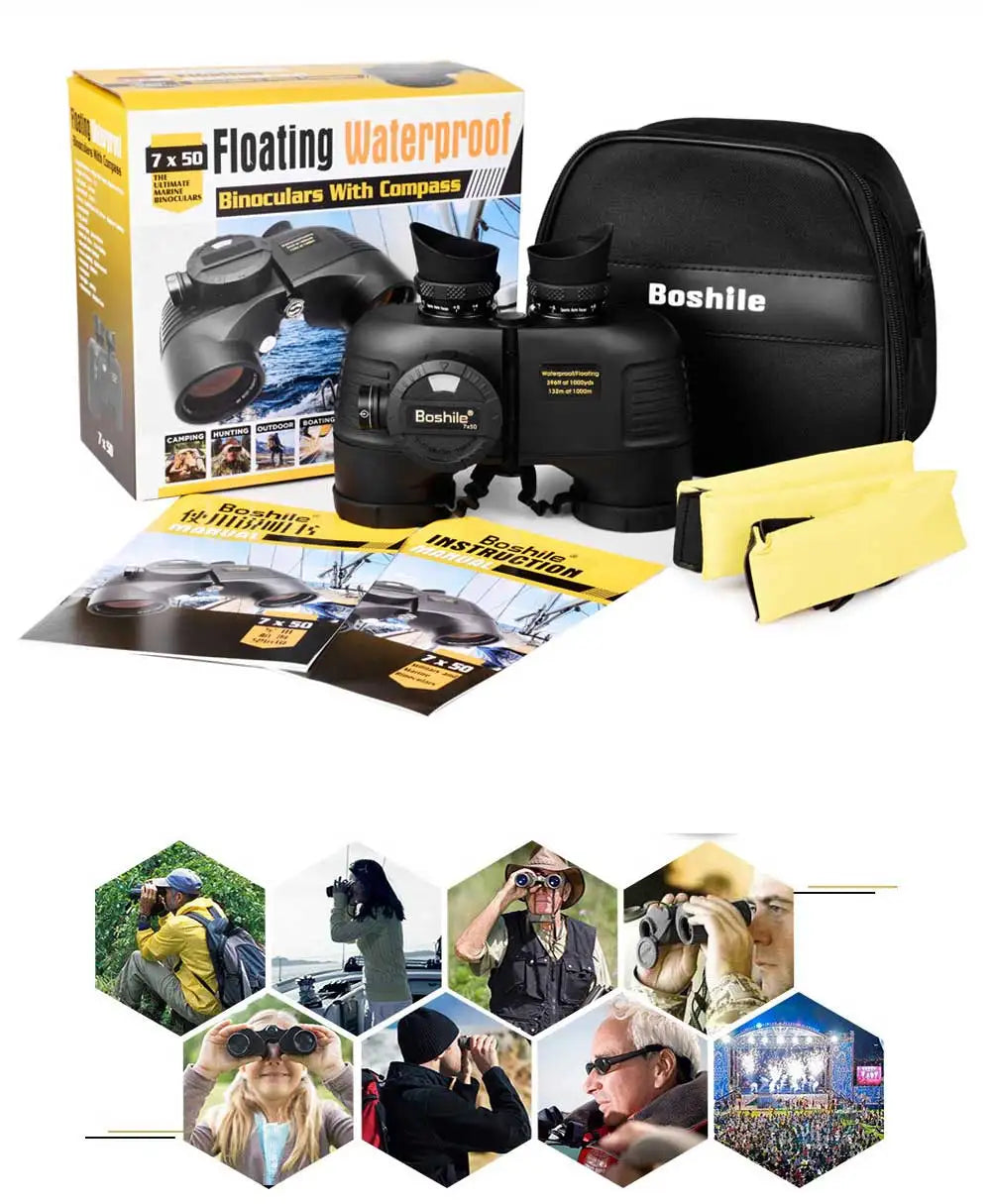 Powerful Marine Binoculars Boshile 7x50 Waterproof Telescope With Rangefinder Compass BAK4 Prism FMC Lens For Navigation Hunting
