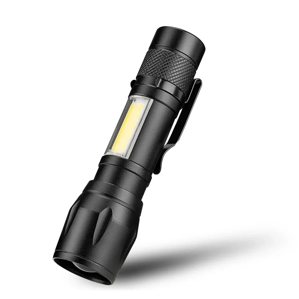 Portable Rechargeable LED Flashlight with Pen Clip Zoomable Waterproof Torch with Side Light Outdoor Camping Emergency Lantern