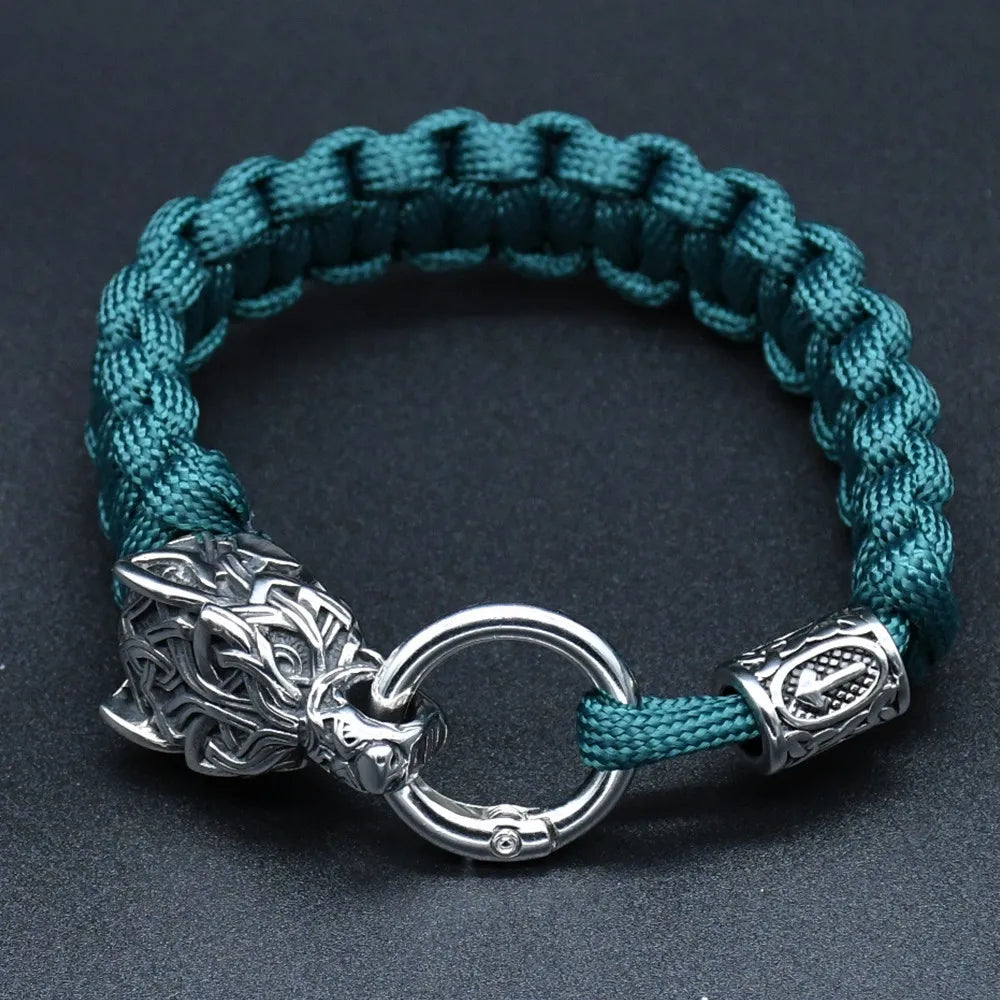 Stainless Steel Wolf Heads Bracelets Men Norse Vikings Runic Beads Survival Paracord Rope Bangles