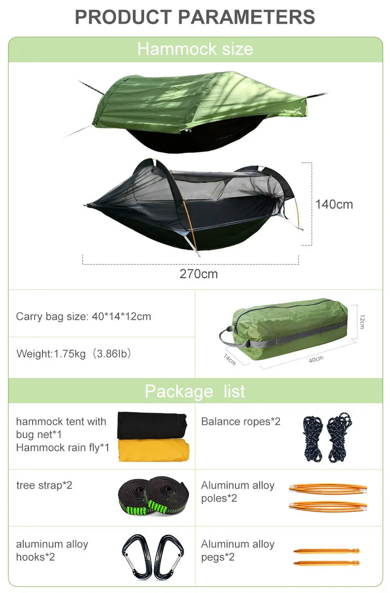Camping Hammock Tent with Mosquito Net and RainFly，3 in 1 Waterproof Lightweight Sleeping Hammock , Travel Outdoor with Hiking