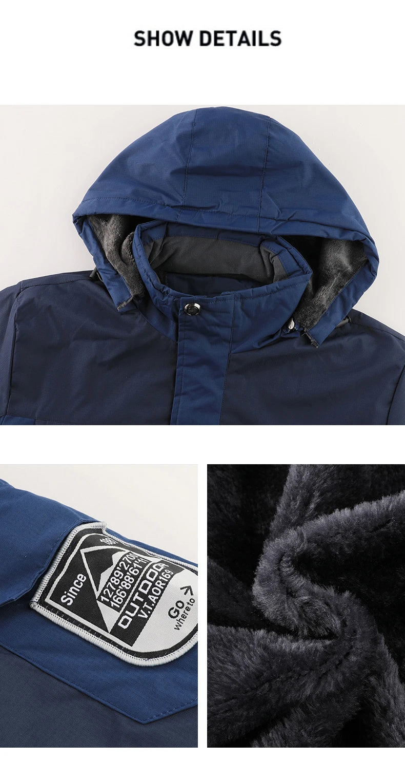 Big&Tall Outdoor Jacket Men Plus Size Fleece Lined Hooded Coat Waterproof Winter Man Parkas Loose Plus Size Coat Hiking Outwear