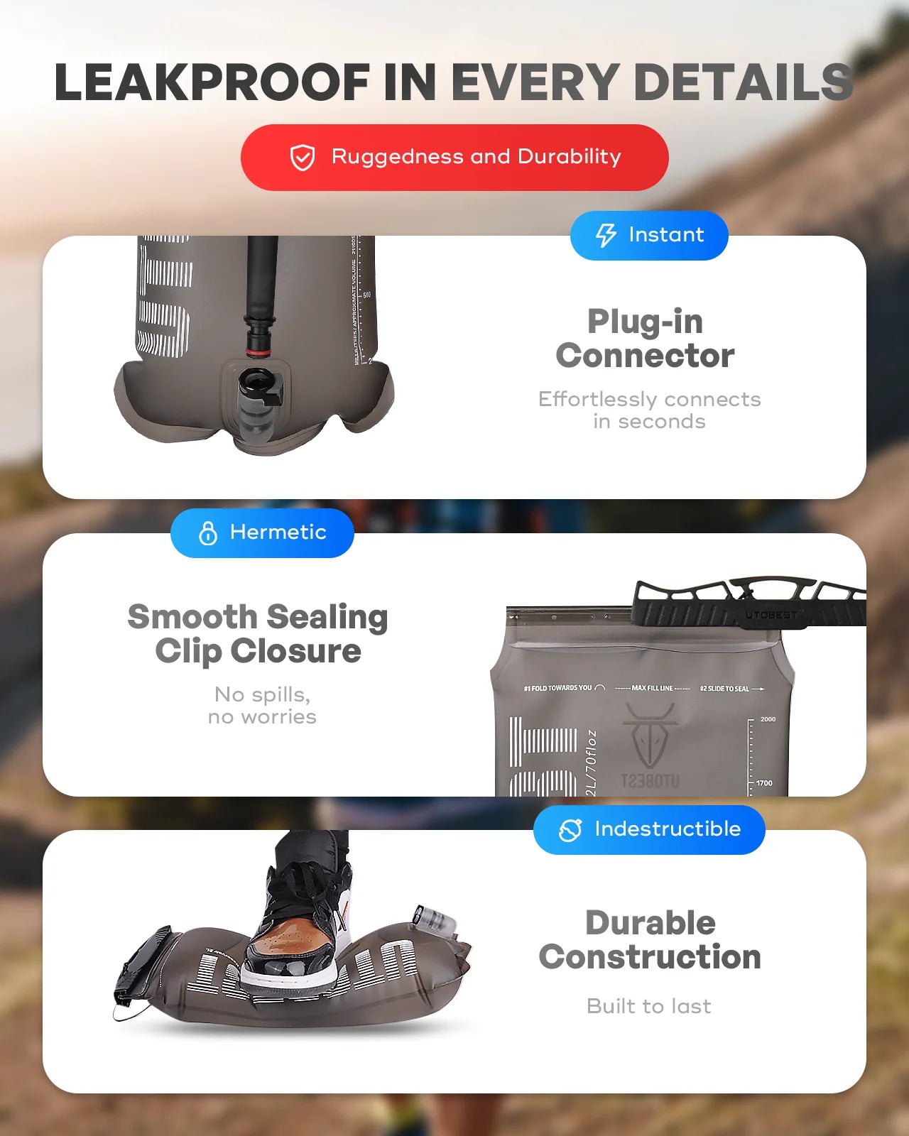 UTOBEST 1.5L/2L/3L Water Bladder Hydration Pack Reservoir TPU Water Storage Bag for Camping Cycling Running Hiking