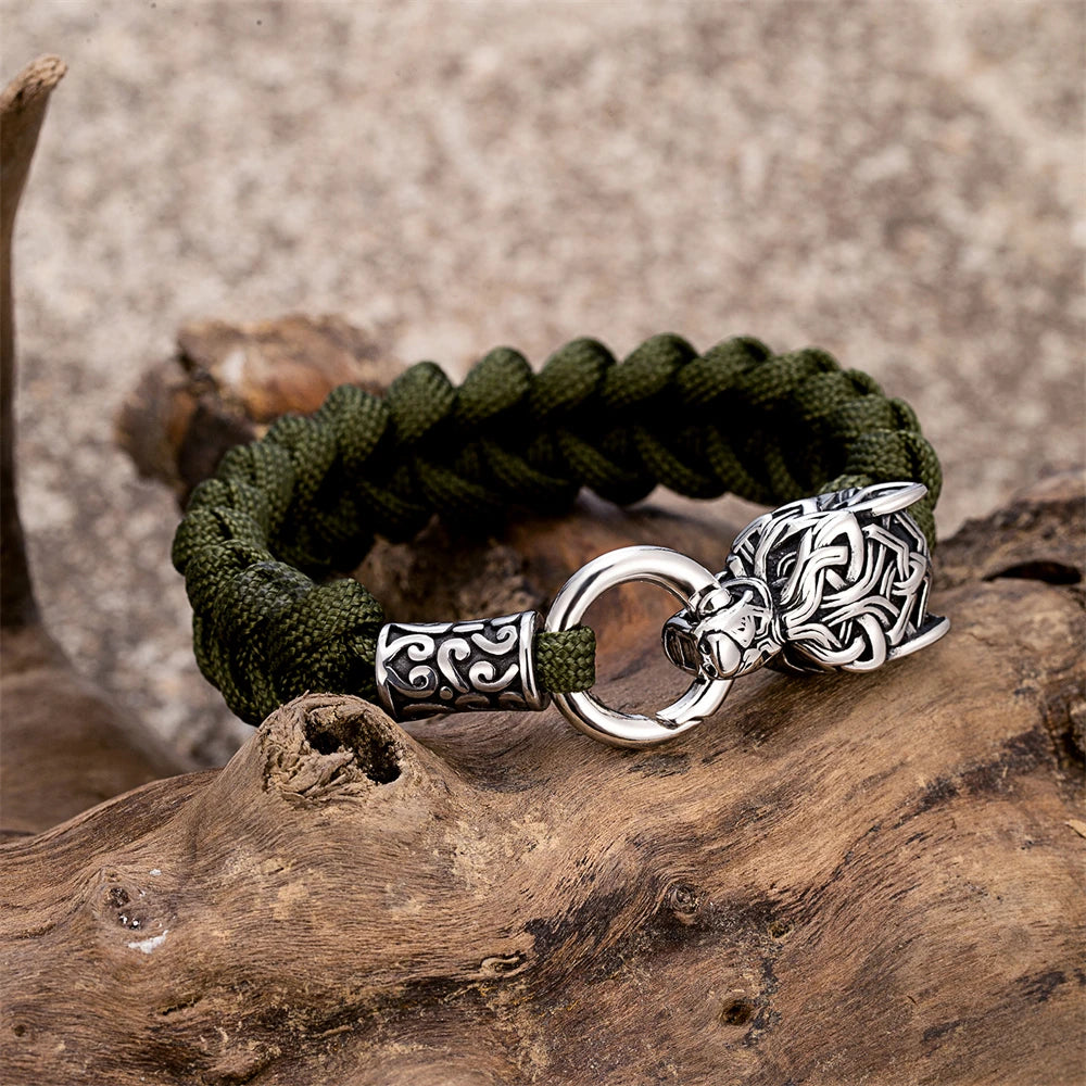Punk Viking Wolf Head Metal Bangle Stainless Steel Norse Celtic Wolf Braided Paracord Rope Survival Bracelet Men Outdoor Jewelry