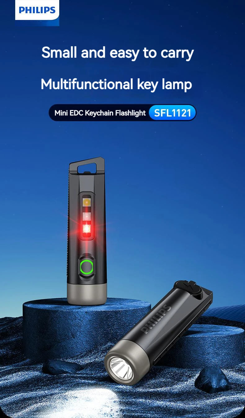PHILIPS 2025 NEW SFL1121 EDC Flashlight LED Rechargeable Mini EDC Keychain Flashlights Camping Lamp For Hiking Self Defense