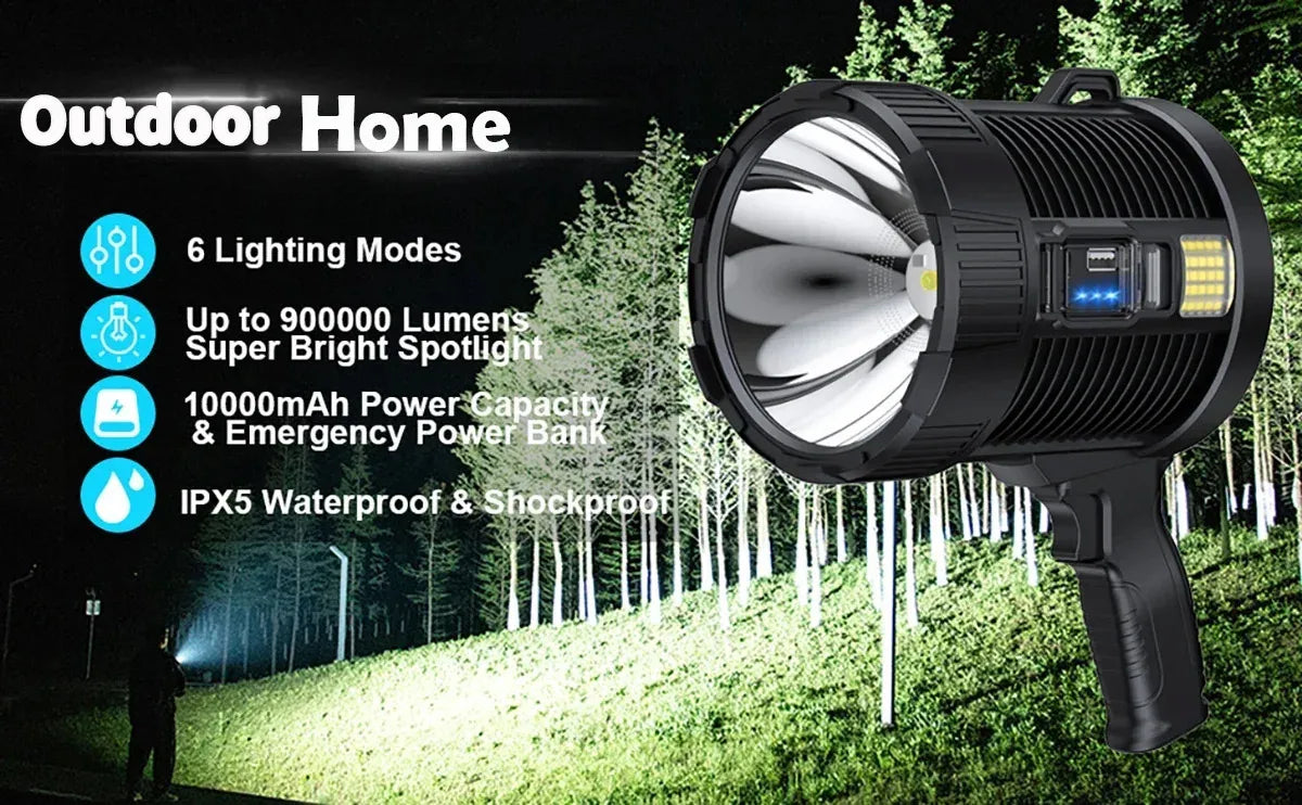 Rechargeable Spotlight 900000 Lumens Led Spot Lights Handheld Large Flashlight Super Bright Outdoor Solar Spotlights Searchlight