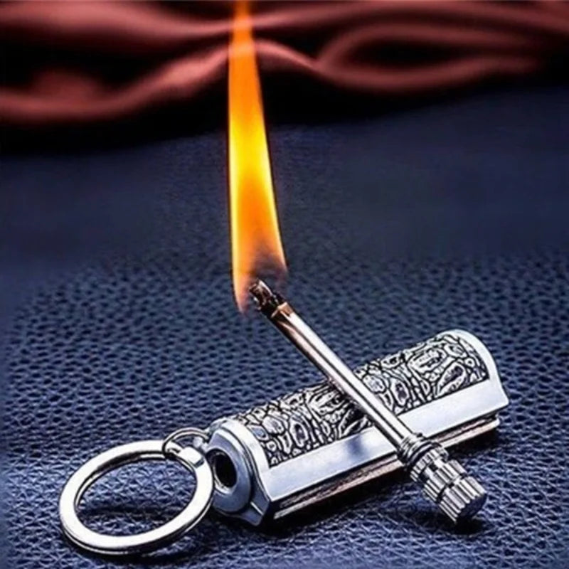 Flint Fire Starter Keychain - Metal Matchstick Lighter with Permanent Open Flame, No Oil Needed, Portable Keychain for Outdoor