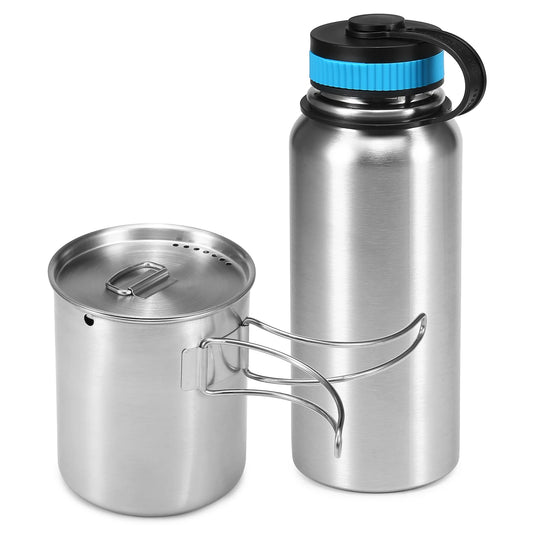 1000ml Stainless Steel Vacuum Insulated Water Bottle with 700ml Water Cup Hanging Pot for Survival Camping Hiking Backpacking