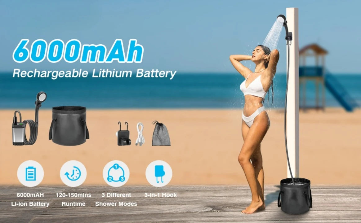 Portable Camping Shower with Rechargeable Pump - 6000mAh Outdoor Shower Kit W/ 20L Foldable Bag for Travel, Garden & Car Wash