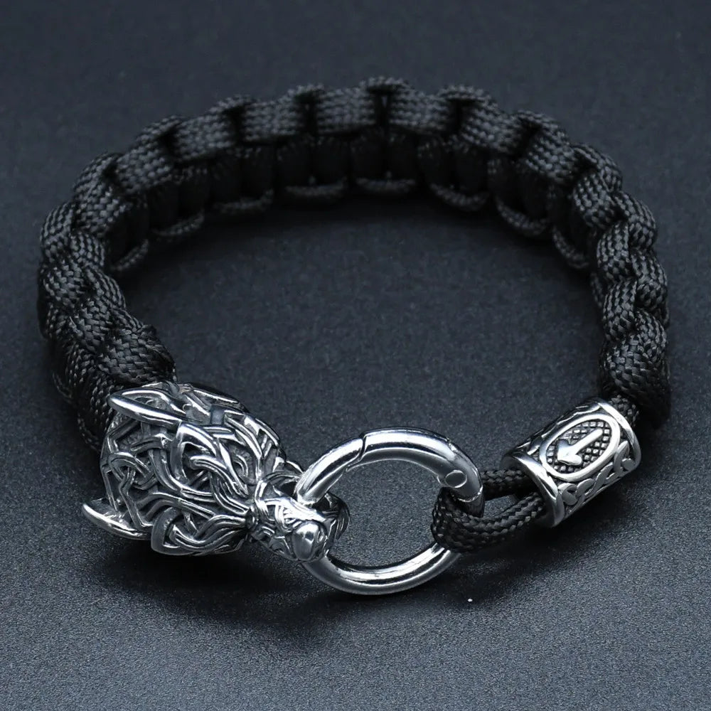 Stainless Steel Wolf Heads Bracelets Men Norse Vikings Runic Beads Survival Paracord Rope Bangles