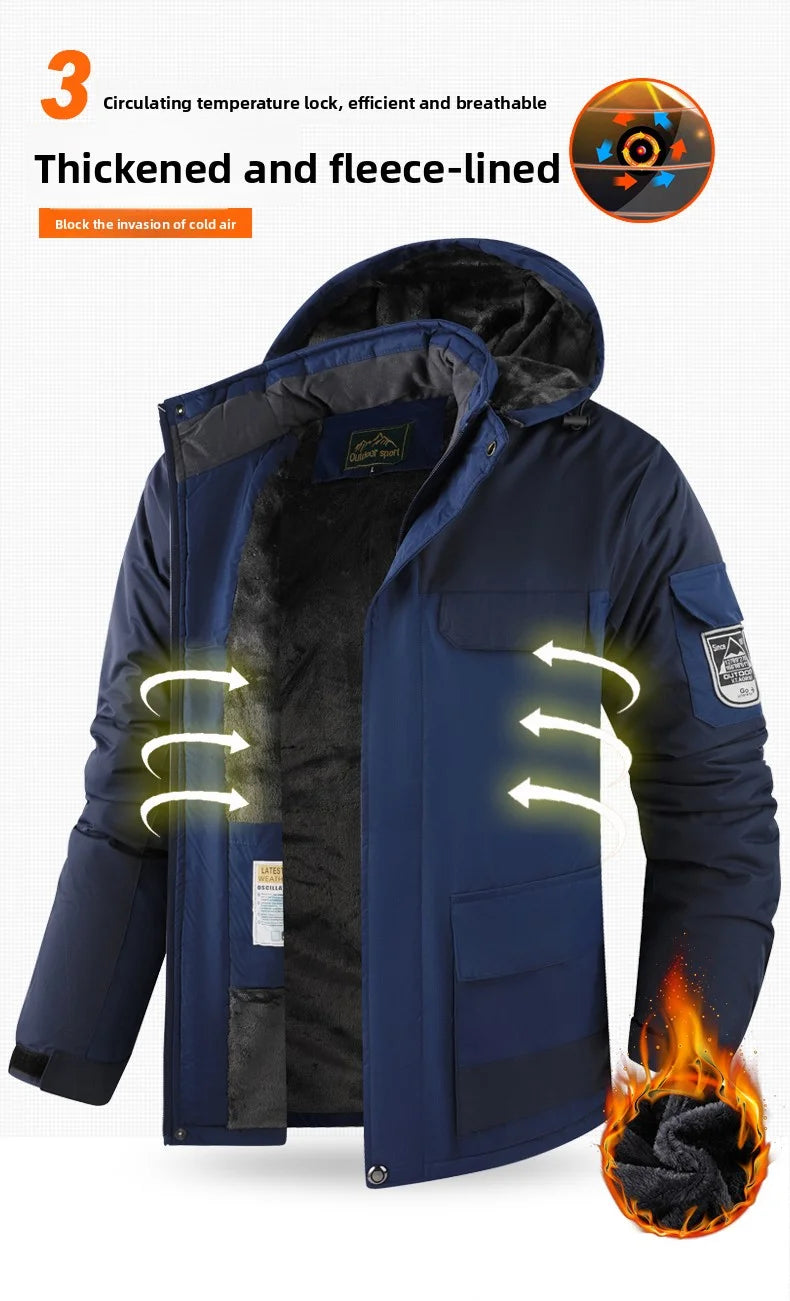 Big&Tall Outdoor Jacket Men Plus Size Fleece Lined Hooded Coat Waterproof Winter Man Parkas Loose Plus Size Coat Hiking Outwear