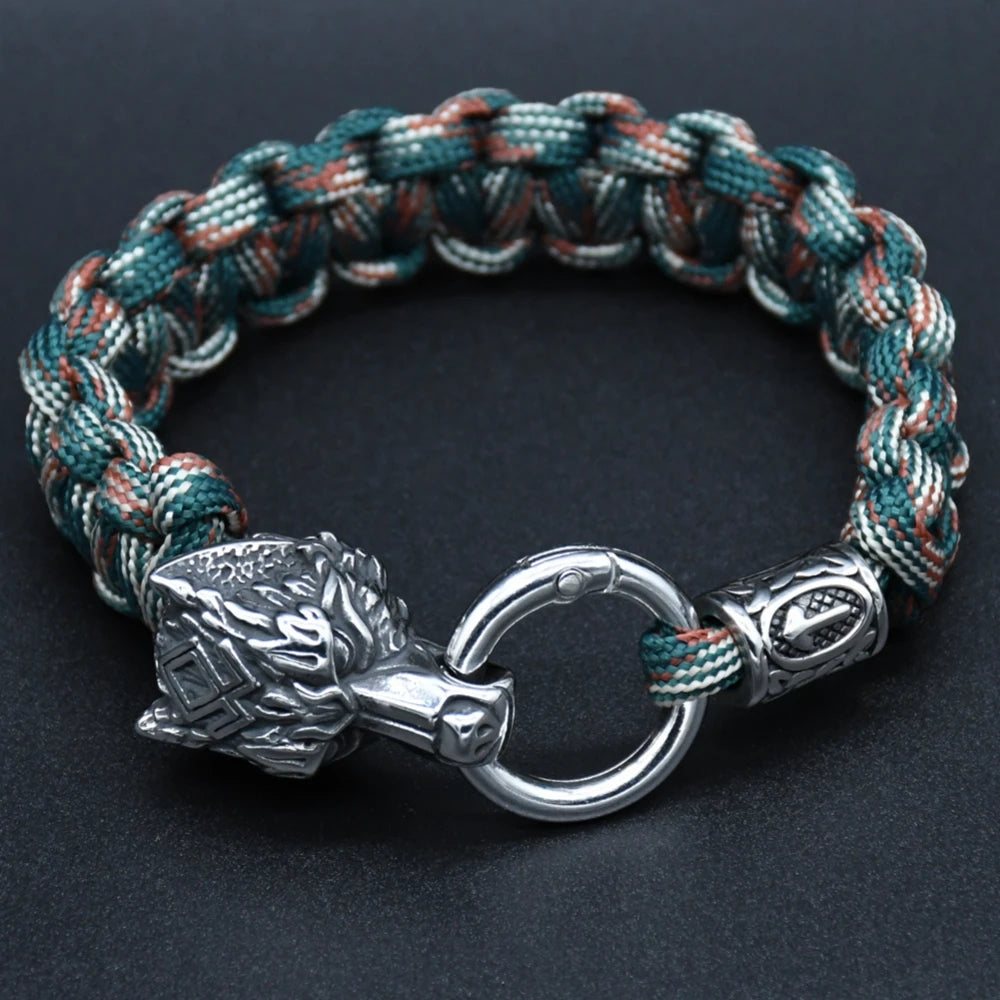 Stainless Steel Wolf Heads Bracelets Men Norse Vikings Runic Beads Survival Paracord Rope Bangles