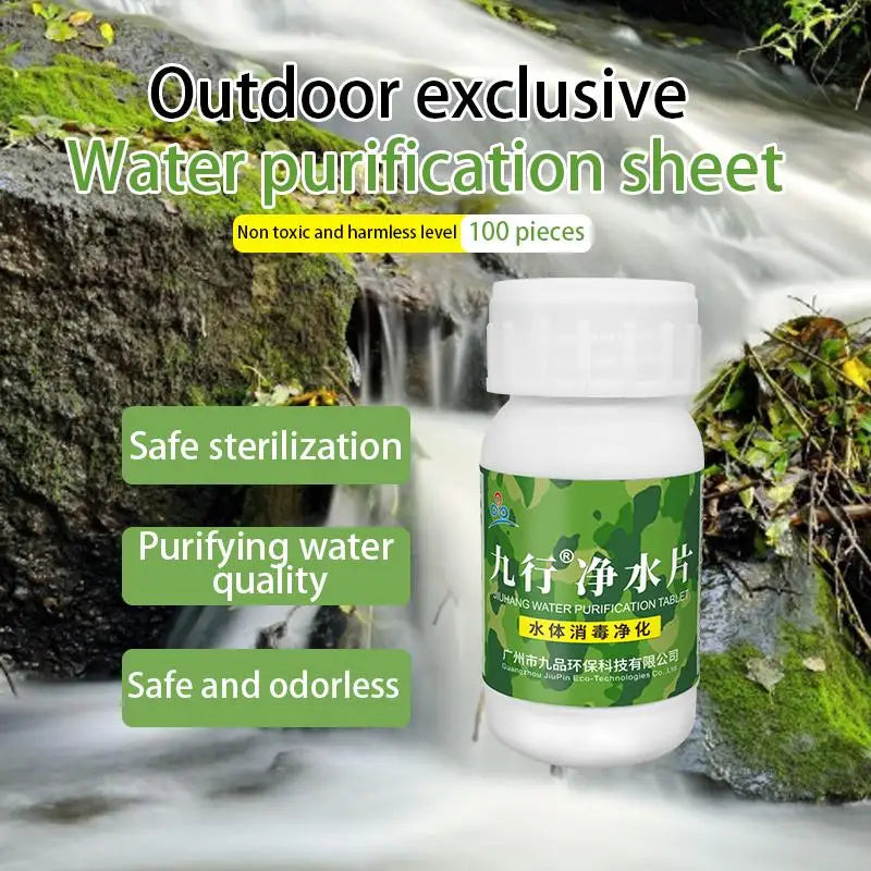 2 Bottles of Outdoor Water Purification Tablets, 100 Tablets Per Bottle, for Cleaning and Purifying Dirty Water From Sewage