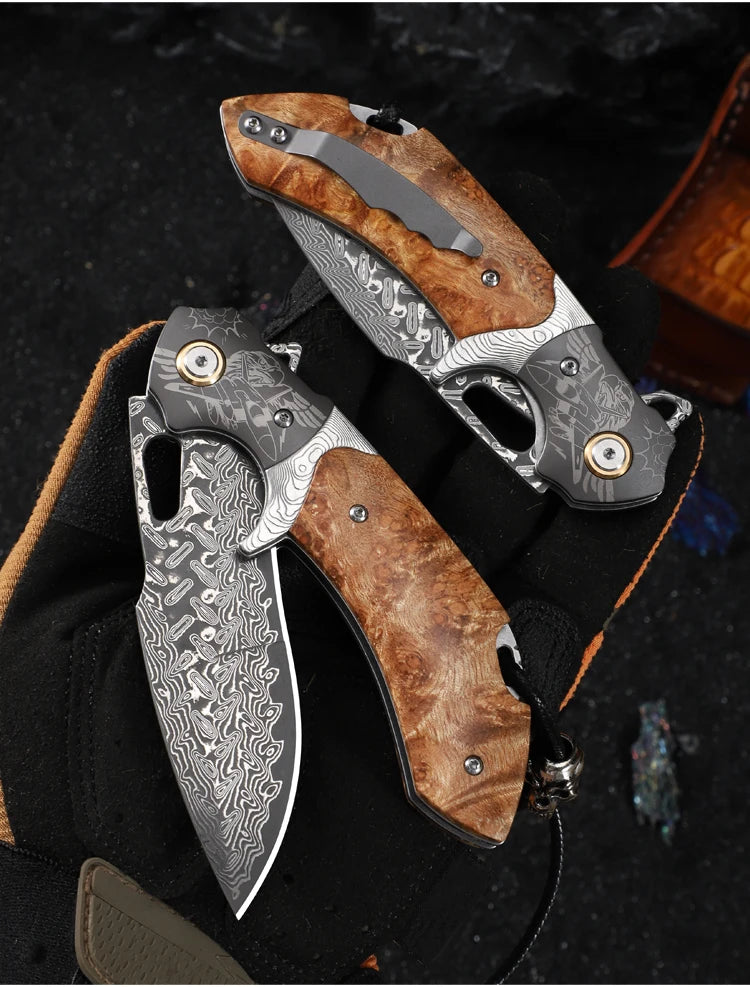 Handmade Damascus Steel Folding Pocket Knife, Men's EDC Pocket Knife with Sheath, Camping Hunting Outdoor Survival Knife