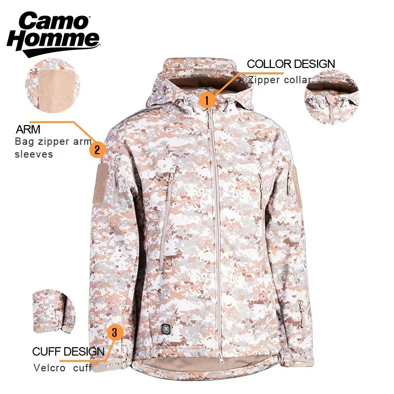 CAMO HOMME Sharkskin Soft-shell Camouflage Jacket Men Tactical Windproof Waterproof Jacket Men Army Combat Clothing Hooded Coats